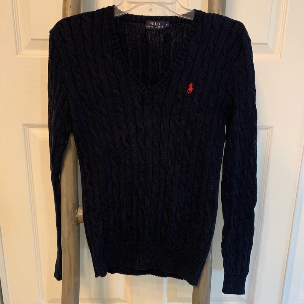 Navy blue cable knit sweater